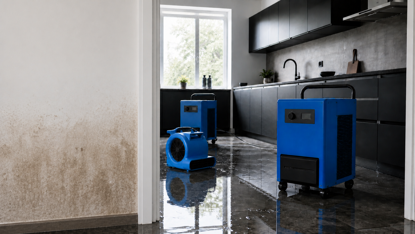 Moderne Küche nach einem Wasserschaden: Wasser auf dem Boden, Bautrockner und Turbolüfter im Einsatz