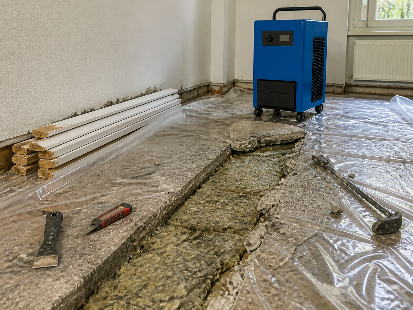 Wasserschadensanierung: geöffneter Bodenaufbau mit freigelegter Dämmschicht